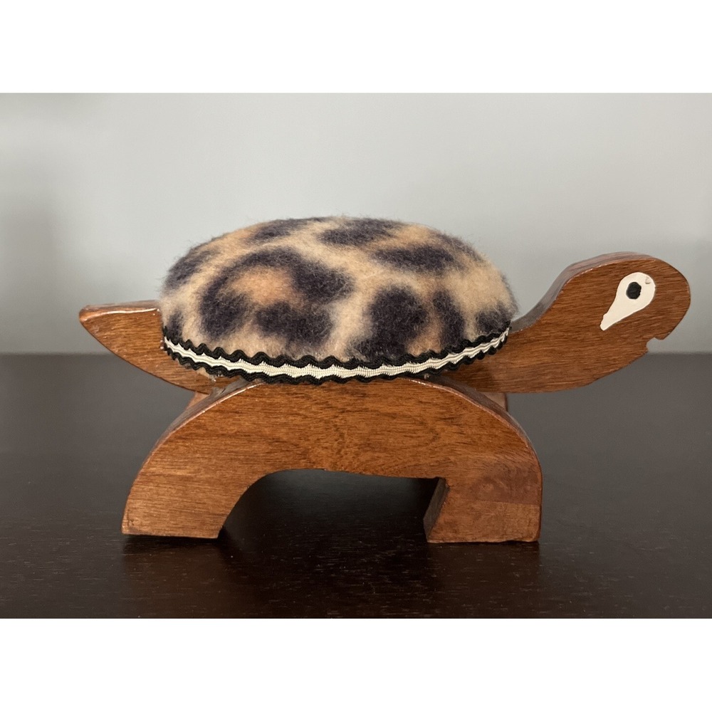 Vintage Wooden Turtle‎ Pin Cushion Leopard Print Fabric Shell Rickrack Trim